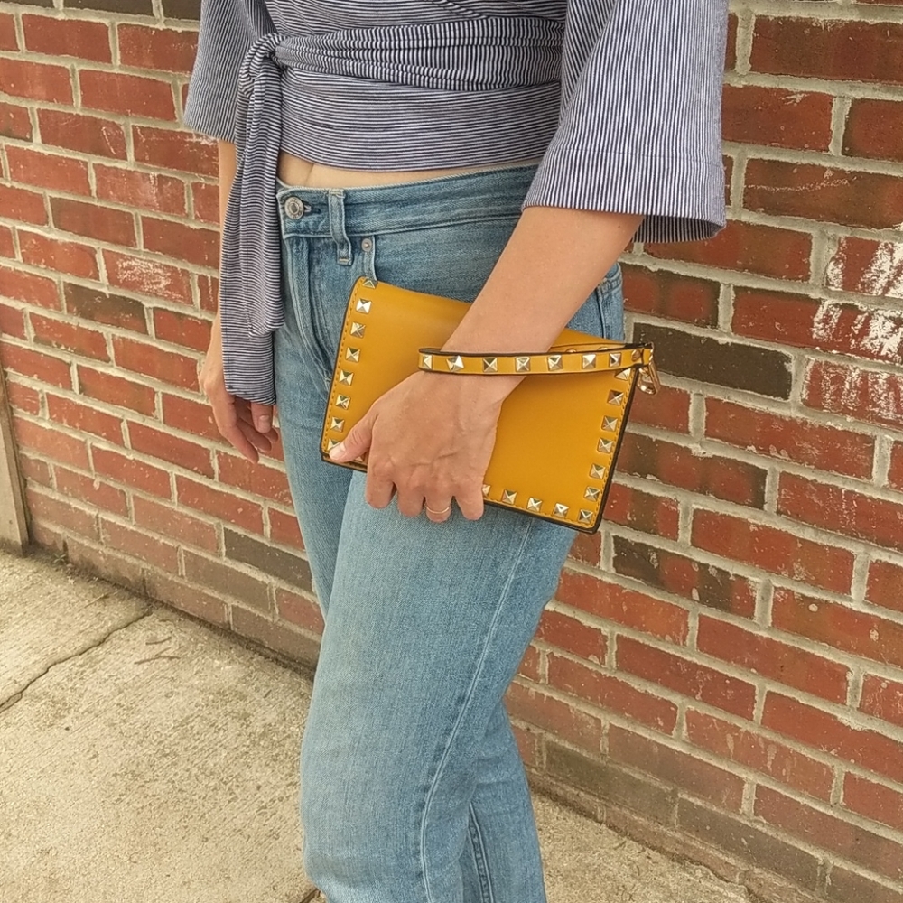 INZI Yellow Leather Studded Clutch Wristlet
